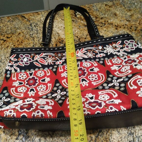 Isabella Fiori Beaded Sequined Canvas Leather Black Red Handbag Tote Bag - Picture 15 of 16